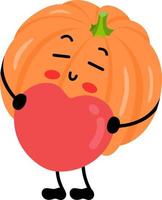 Funny orange pumpkin mascot holding a red heart vector