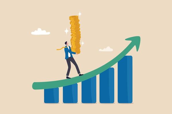 Increase revenue, income or investment profit, growing income or wealth, growth chart diagram or savings and investment return concept, businessman carry money coin stack walk up growth graph diagram.