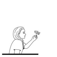 Isolate of a girl with happy smiling with a butterfly, coping strategies. black outline cartoon. vector