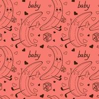 lindos plátanos de bebé kawaii con botellas, cubos y corazones vector patrón sin costuras sobre fondo rosa. el vector describe el fondo del plátano del bebé de dibujos animados. perfecto para estampados textiles, diseño infantil, decoración.