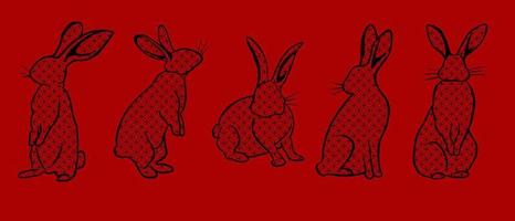 Set of traditional Chinese zodiac symbol - black rabbit on the red background with geometric ornament. vector