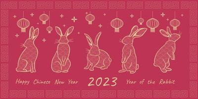 Chinese new year 2023 year of the rabbit - greeting card with ornamental rabbits on the viva magenta background. vector