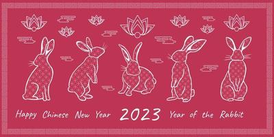 Chinese new year 2023 - greeting card with ornamental rabbits and lotuses on the viva magenta background. vector