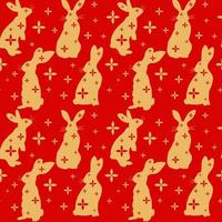 2023 Lunar New Year rabbits seamless pattern. Outlines golden rabbits on the red background. Vector isolated illustration in flat style. Perfect for textile prints, decoration, wrapping.