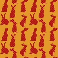 2023 Lunar New Year rabbits seamless pattern. Outlines red rabbits with traditional chinese ornament on the golden background. Vector isolated illustration in flat style. Perfect for textile prints