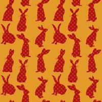 2023 Lunar New Year rabbits seamless pattern. Outlines red rabbits with traditional chinese ornament on the golden background. Vector isolated illustration in flat style. Perfect for textile prints