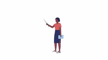 Animated teacher holding pointer. Classroom activity. Full body flat person on white background with alpha channel transparency. Colorful cartoon style HD video footage of character for animation