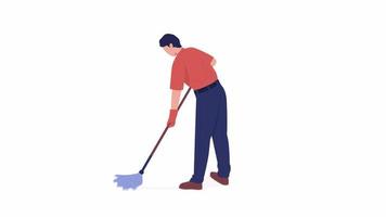 Animated male cleaner with mop. Part time janitor job. Full body flat person on white background with alpha channel transparency. Colorful cartoon style HD video footage of character for animation