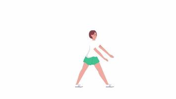Animated adolescent girl warming up. Healthy lifestyle. Full body flat person on white background with alpha channel transparency. Colorful cartoon style HD video footage of character for animation