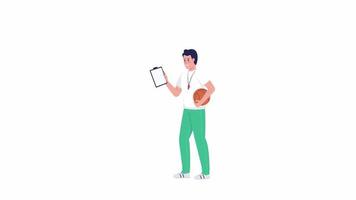 Animated school athletic trainer. PE class teacher. Full body flat person on white background with alpha channel transparency. Colorful cartoon style HD video footage of character for animation