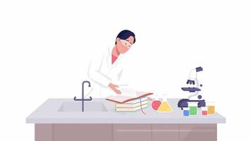 expérience de chimie animée. garçon lisant un livre au laboratoire. personne plate de tout le corps sur fond blanc avec transparence du canal alpha. séquences vidéo hd de style dessin animé coloré de personnage pour l'animation video