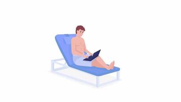 Animated man working on beach chair. Freelancer. Full body flat person on white background with alpha channel transparency. Colorful cartoon style HD video footage of character for animation