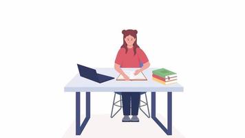 Animated schoolgirl doing homework. Laptop in classroom. Full body flat person on white background with alpha channel transparency. Colorful cartoon style HD video footage of character for animation
