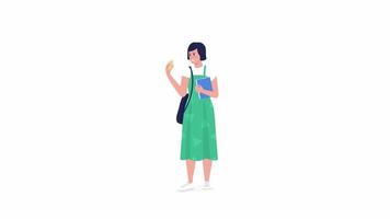 Animated girl eating bread roll. Lunch break. Full body flat person on white background with alpha channel transparency. Colorful cartoon style HD video footage of character for animation