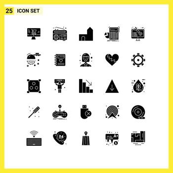 Group of 25 Modern Solid Glyphs Set for software graph castle tower progress calculation Editable Vector Design Elements
