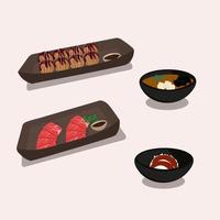 Japanese national cuisine, Takoyaki and shabu-shabu, miso and udon. Vector illustration