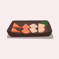 Japanese national cuisine, fish slicing. Sashimi Vector illustration.