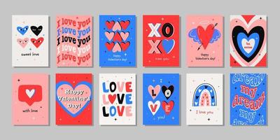 gran conjunto de tarjetas de felicitación del día de san valentín. corazón de dibujos animados de moda dibujado a mano, letras de amor. ilustración vectorial vector