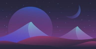 fantástico paisaje de un planeta alienígena. ilustración vectorial de la superficie del planeta con desierto y luna creciente en el cielo. vector