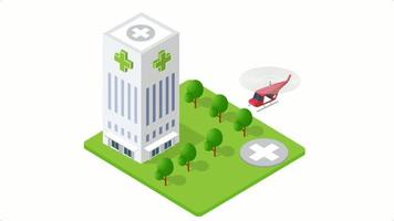 sjukhus rörelse animering byggnad hälsa urban av arkitektur infrastruktur ambulans och modern hus begrepp ikon video
