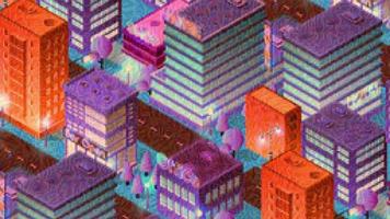 a animação noturna da cidade inteligente movimento 3d futuro néon ultravioleta conjunto de edifícios isométricos de infraestrutura urbana. video