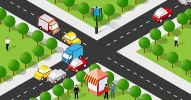 intersección isométrica de la animación de la ciudad de la encrucijada de las calles de las carreteras con los coches de tráfico que se atascan. imágenes de gráficos en movimiento de automóviles video