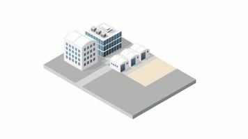 animação de fábrica urbana industrial de módulo de cidade 3d isométrica que inclui edifícios, usinas de energia, gás de aquecimento, armazém. estruturas de conjunto de elemento infográfico isolado de mapa plano video