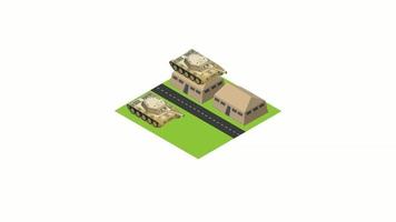 Module base camp object element for building design army armed isometric armed military transport objects. War equipment force graphic elements tank machine 3D illustration video