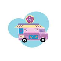 camión de comida furgoneta rosa con un donut en un estilo plano de techo vector