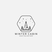 A hexagon logo containing a cabin with trees and snow. vector