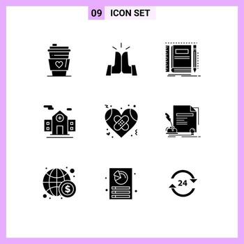 Pack of 9 Modern Solid Glyphs Signs and Symbols for Web Print Media such as broken room book building sketching Editable Vector Design Elements