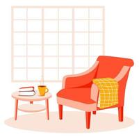 Armchair, blanket, coffee table, window.  Cozy home hygge interior. Vector illustration