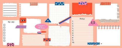 Paper notes with washi tapes. Set with blank Paper sticky notes for to do list, reminders, scheduler. Pencils, funny forms. Vector illustration.