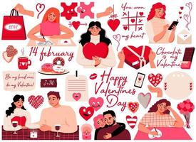 conjunto de día de san valentín. pareja de citas. la mujer escribe cartas de amor. diferentes corazones, manos con cajas de regalo, pegatinas de papel y texto. perfecto para afiches o pancartas, tarjetas de felicitación vector