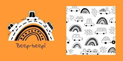 Cars pattern. Baby background.  Doodle rainbow and trucks. Perfect for  wrapping paper, printing on the fabric, design package and cover for kids. Text Beep Beep. Vector