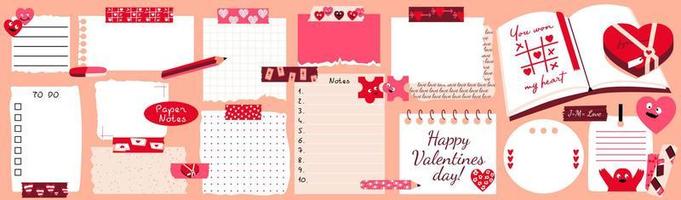Paper notes with washi tapes. Valentines Day concept. Set with blank Paper sticky notes for to do list, reminders, scheduler. Pencils, funny forms, hearts. Vector illustration.