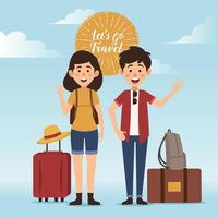 Young Couple tourists traveling with travel bag backpack going on vacation trip  Travelers portrait collection Travel and tourism vector