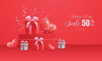 Design Valentine's Day Background Banner Event With Gift Box Baloon and Podium Stage Red Color vector