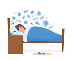 Young woman is sick, has a cold, has a viral infection. Different bacteria, pathogenic microorganisms around her. Bacteria and germs, microorganisms disease-causing. Vector illustration.