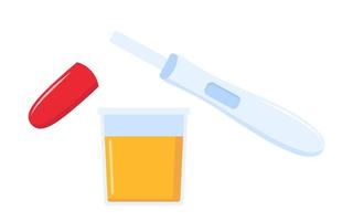 Pregnancy test and urine in plastic jar. Guide to the use of a pregnancy test. Vector illustration.