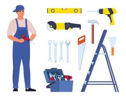 Repairman or mechanic and collection of tools. Man character in uniform with set of professional instruments. Vector illustration.