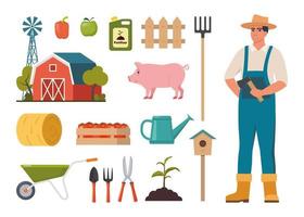 Farmer character and different farm elements. Man farmer, barn, pig, fertilizer, haystack, cart, crop, pitchfork, watering can, plant. Set of elements on farm theme. Vector illustration.