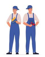 Repairman or mechanic man and woman painter. Collection of professional repair tools. Man and woman characters in uniform. Vector illustration.