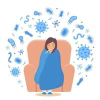Young woman is sick, has a cold, has a viral infection. Different bacteria, pathogenic microorganisms around her. Bacteria and germs, microorganisms disease-causing. Vector illustration.