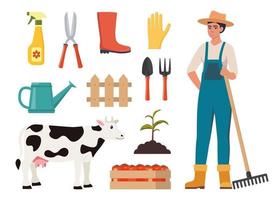 Farmer character and different farm elements. Woman farmer, barn, cow, fertilizer, haystack, cart, crop, pitchfork, watering can, plant. Set of elements on farm theme. Vector illustration.