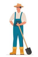 Farmer holding shovel in hand. Farmer standing with spade. Farming work, gardening. Agricultural worker with garden tool. Gardener, agronomist. Vector illustration.