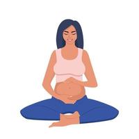 Pregnant woman makes yoga and meditation. Pregnant women in lotos pose. Prenatal yoga. Concept pregnancy, motherhood, health care. Vector illustration.