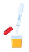 Pregnancy test and urine in plastic jar. Guide to the use of a pregnancy test. Vector illustration.