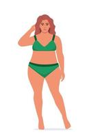 Body positive woman in underwear. Plus size female character. Attractive curvy, overweight girl. Oversize obesity, pretty large lady in beautiful fashionable clothes. Vector illustration.