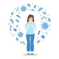 Young woman is sick, has a cold, has a viral infection. Different bacteria, pathogenic microorganisms around her. Bacteria and germs, microorganisms disease-causing. Vector illustration.